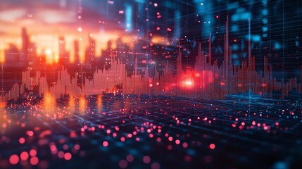 Futuristic city skyline with digital data visualization overlay at sunset, showcasing vibrant colors and advanced technology.