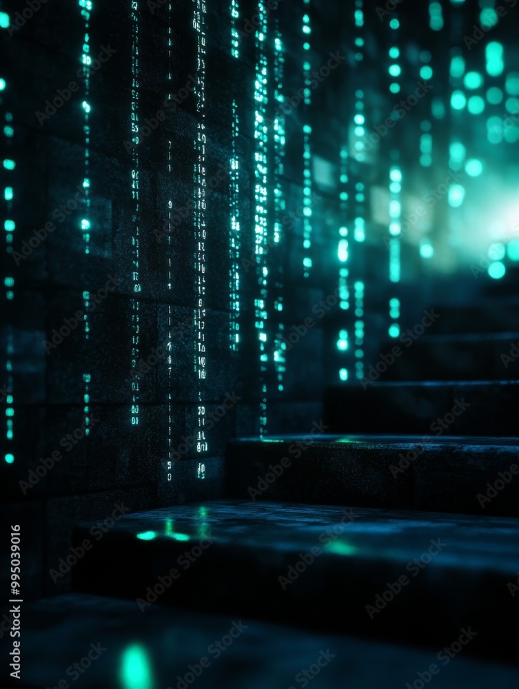 Poster digital code cascades down a wall, revealing a hidden staircase leading into the unknown. this image