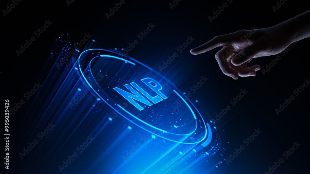 Poster nlp natural language processing concept. human hand touching futuristic virtual screen