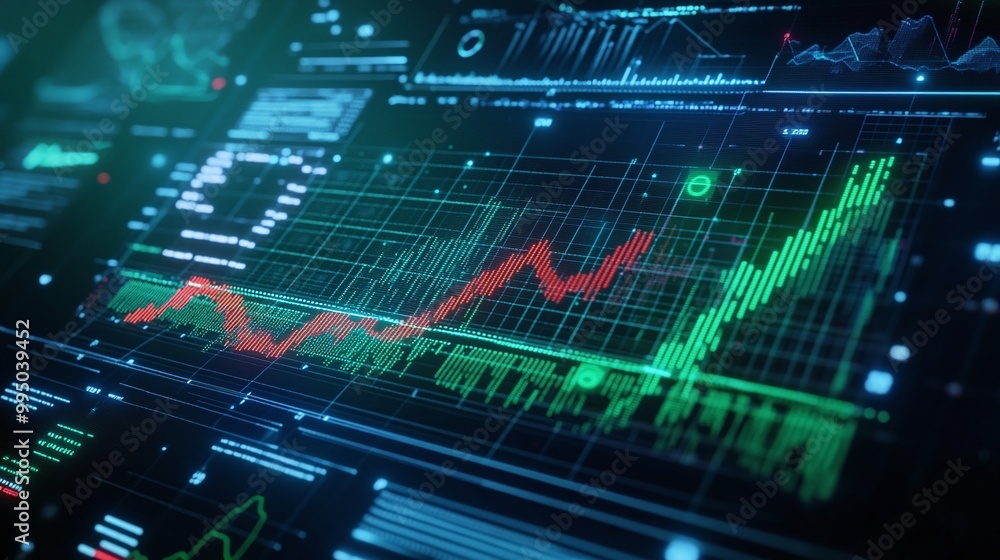 Poster futuristic data visualization showing market trends with green and red graphs on a digital interface
