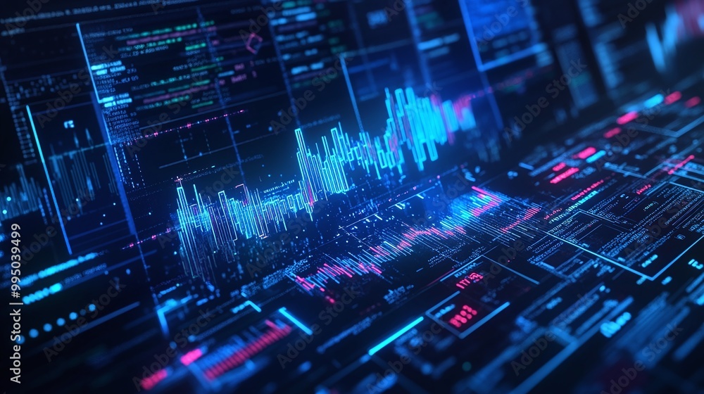 Poster futuristic data visualization with blue and red graphs and charts on a digital interface.