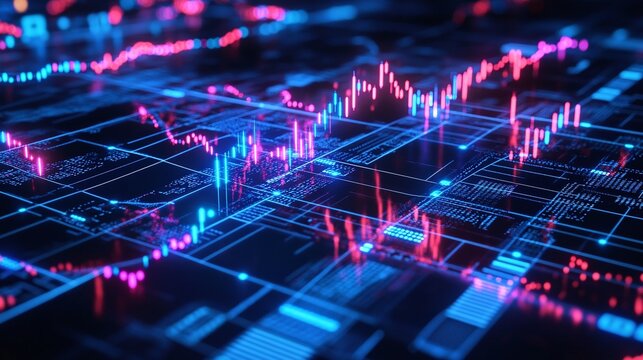 Futuristic data visualization showcasing vibrant charts and graphs, representing financial trends and market analysis.