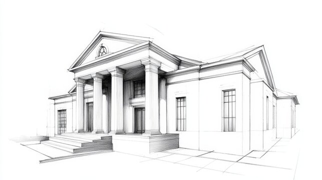 Elegant Architectural Sketch of a Classic Colonial Mansion, featuring a grand entrance with columns, a symmetrical facade, and a sweeping roofline. This architectural drawing captures the timeless bea