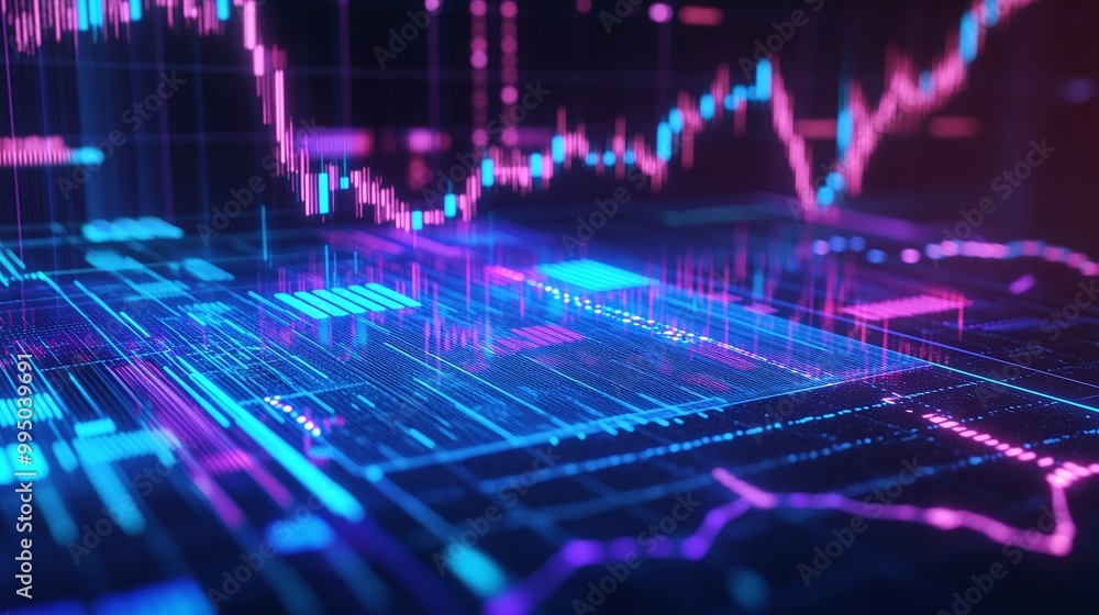 Aufkleber futuristic data visualization with colorful graphs and charts depicting market trends.