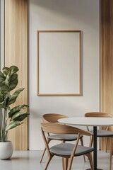 Fototapeta premium A minimal wood picture frame mockup on a white wall in a modern meeting room. 3d render, 3d illustration.generative ai