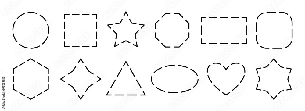Poster black dashed frame collection. dashed outline geometric border set. geometric dotted shape pack. out