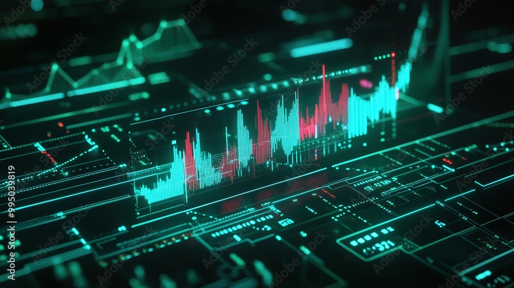 Poster futuristic data visualization with colorful graphs and digital interface elements against a dark bac