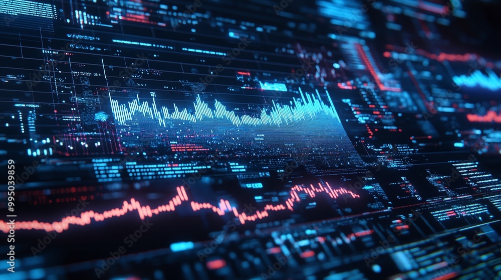 Poster futuristic data visualization with colorful graphs and digital interfaces on a dark background.