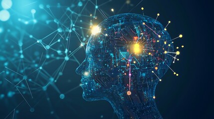 An intricately designed AI illustration of a human head with glowing circuits and digital patterns symbolizing technology and innovation.