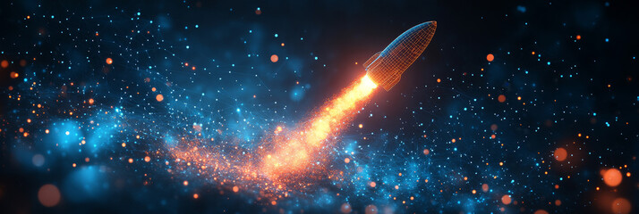 A digital rocket blasts off into space, leaving a trail of fire and light.