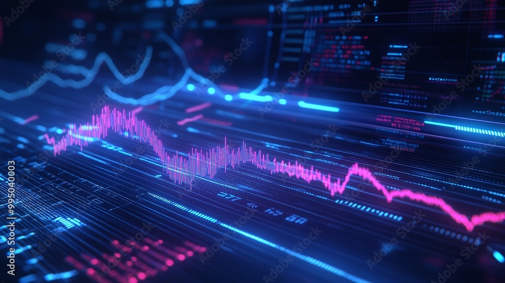 Poster futuristic data visualization with colorful graphs and lines depicting statistical analysis.