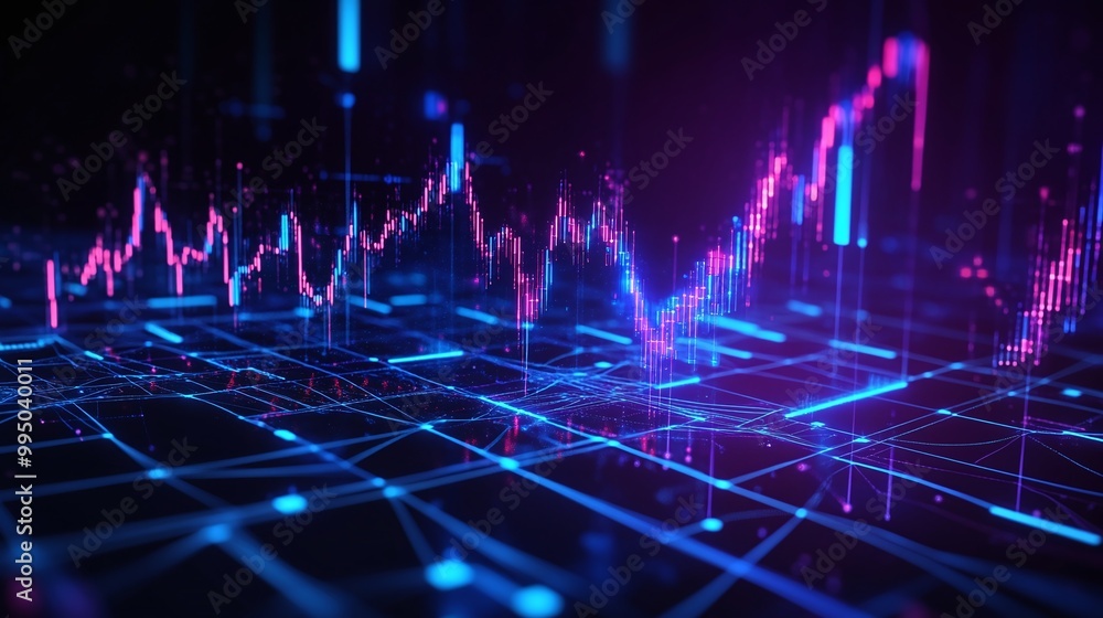 Poster futuristic data visualization with colorful graphs and lines representing digital information flow.