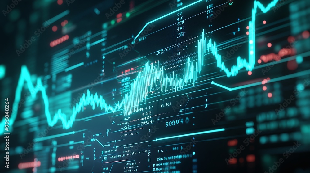 Poster futuristic data visualization with dynamic graphs and indicators representing market trends and anal