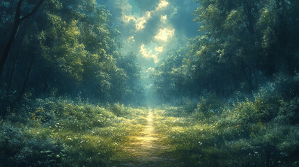 Artistic conception of beautiful landscape painting of nature of forest, background illustration, tender and dreamy design.  