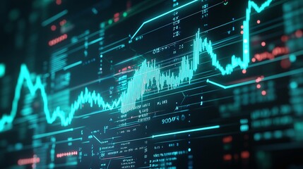 Futuristic data visualization with dynamic graphs and indicators representing market trends and analytics.