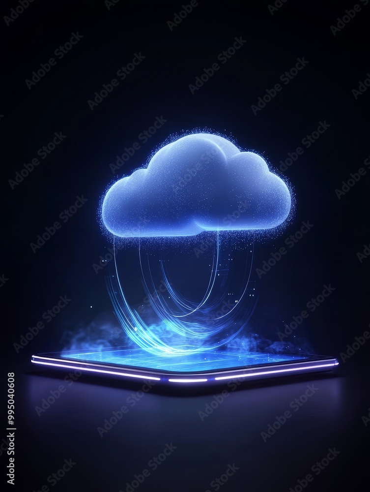 Poster futuristic cloud computing concept with neon lights depicting data flow, digital transformation, and