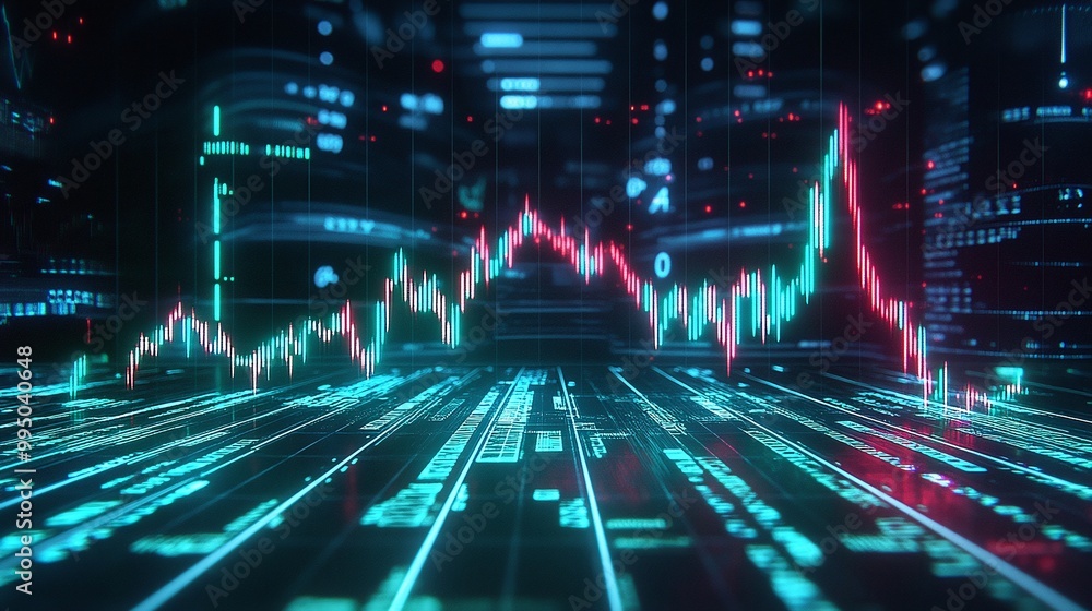 Poster futuristic data visualization with glowing graphs and digital elements on a dark background.