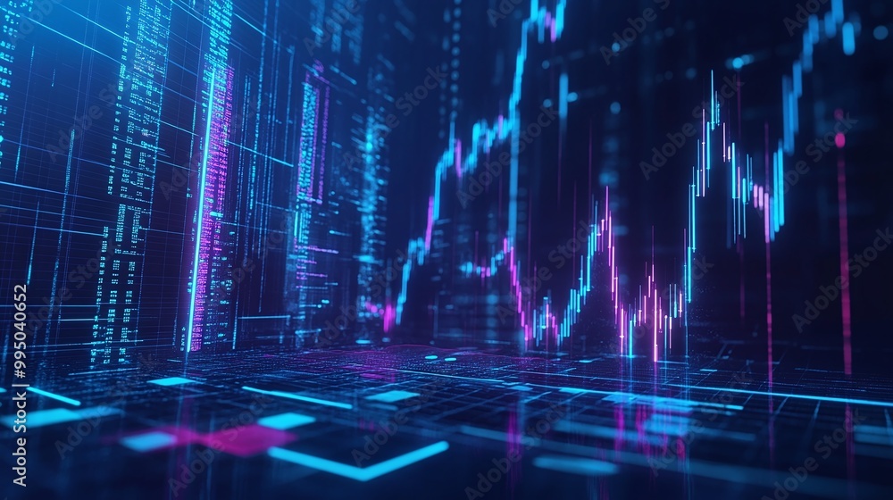 Poster futuristic data visualization with glowing graphs and digital elements on a dark background.