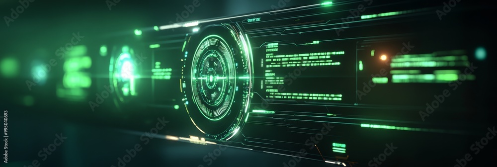 Poster futuristic data interface showcasing holographic sharing, security, and advanced technology, with a 