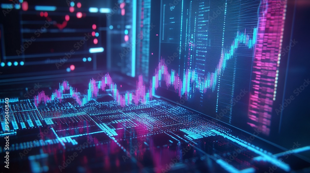 Poster futuristic data visualization with glowing graphs and digital elements on a sleek interface.