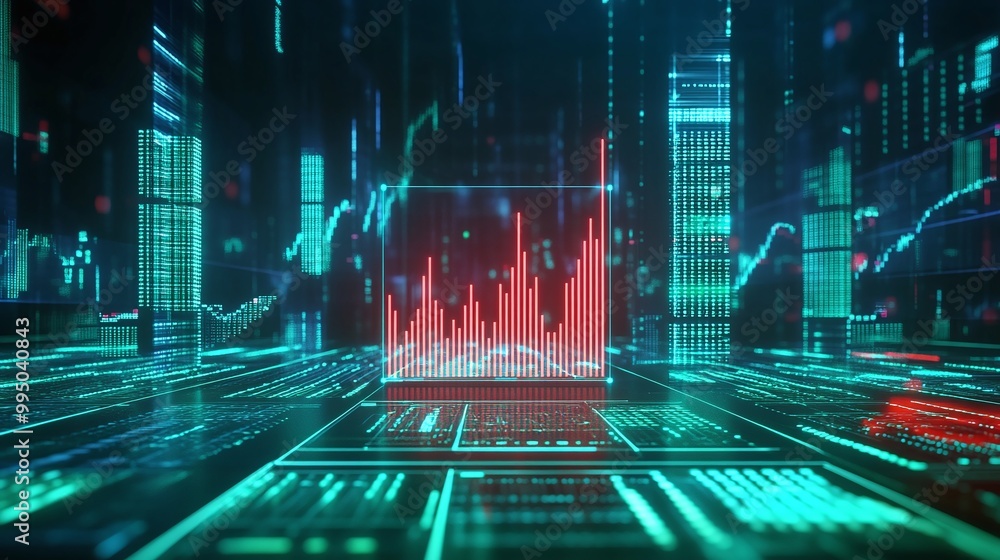 Poster futuristic data visualization with glowing graphs in a digital environment.