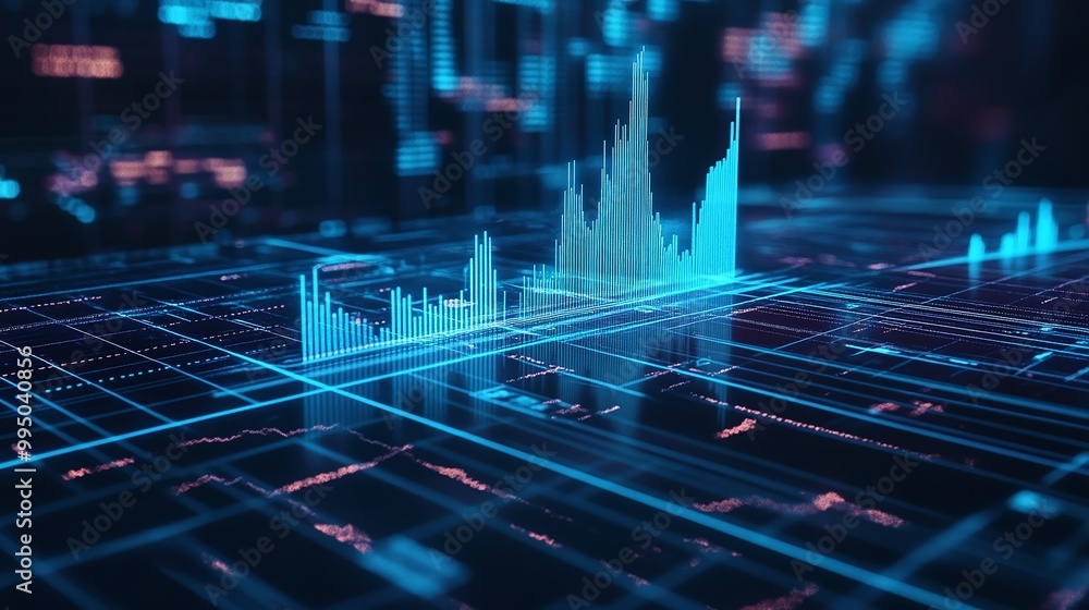 Poster futuristic data visualization with glowing graphs and digital interface representing statistics and 
