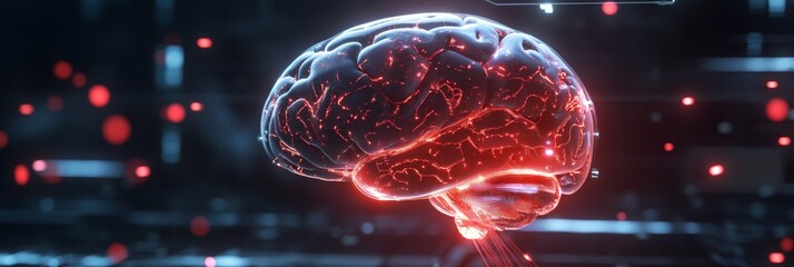 Futuristic glowing neural network brain circuitry with red light. Represents artificial intelligence, technology, and the human brain.