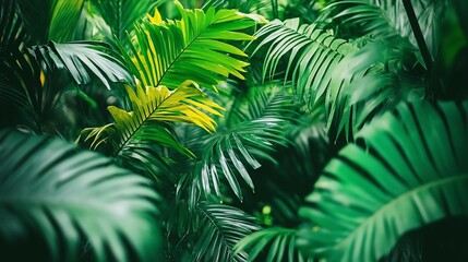 Naklejka premium Green tropical leaves in lush foliage against a soft blurred background.