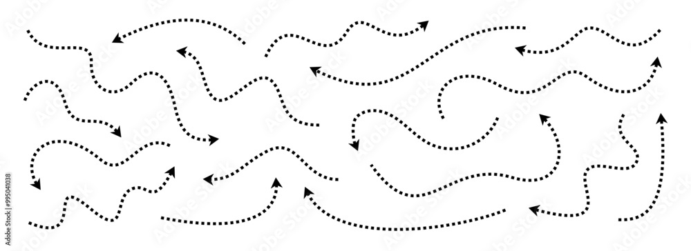 Poster Black dotted thin arrows set. Wavy and curved dashed arrow collection. Wiggly sketched pointers and direction lines. Dots squiggle stripe design elements bundle for flyer, poster, brochure. Vector