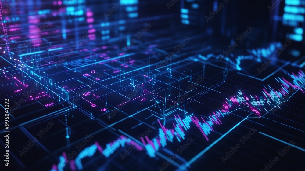 Poster futuristic data visualization with glowing lines and graphs, showcasing digital analytics and techno