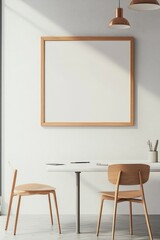 A minimal wood picture frame mockup on a white wall in a modern meeting room. 3d render, 3d illustration.generative ai