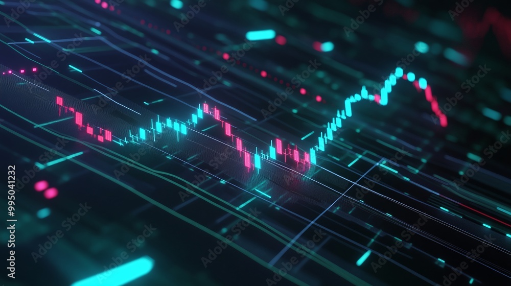 Poster futuristic data visualization with glowing lines and graphs showcasing digital analytics.