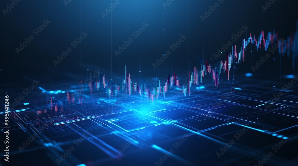 Poster futuristic data visualization with glowing lines and graphs on dark background.