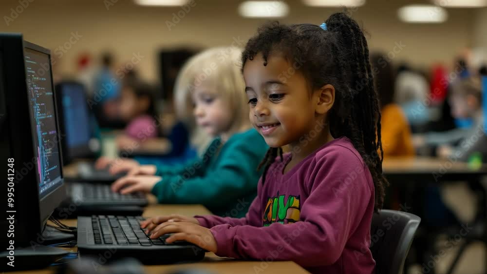 Poster young students participating in coding activities, positive learning environment.