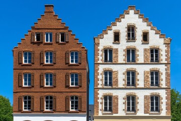 Fototapeta premium Charming Architectural Contrast: Red and White Historic Buildings Against Clear Blue Sky