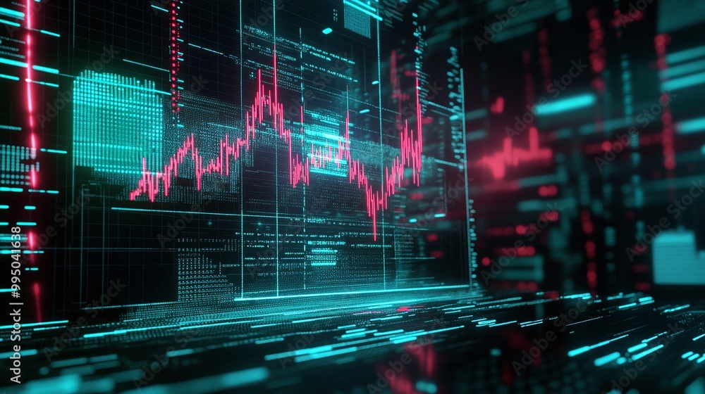 Poster futuristic data visualization with stock market indicators in neon colors, illustrating digital tran