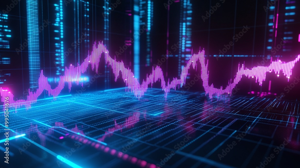 Poster futuristic data visualization with vibrant blue and pink waves representing statistical analysis and