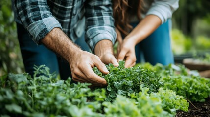 Fototapeta premium Hands gardening fresh organic green vegetables in a lush garden.