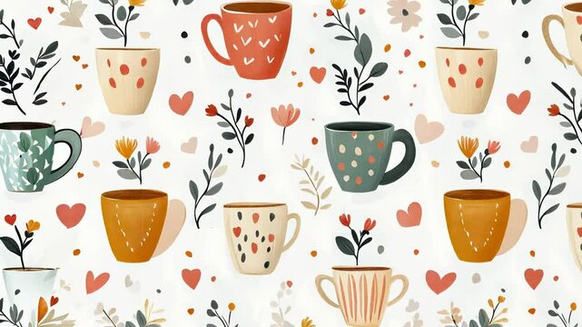 Charming ceramic cups and tea mugs pattern, vintage Scandinavian pottery, cafe setting.