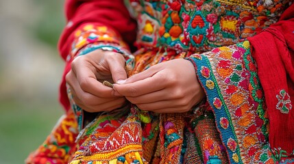 Obraz premium Hands in traditional vibrant attire, showcasing cultural heritage and craftsmanship