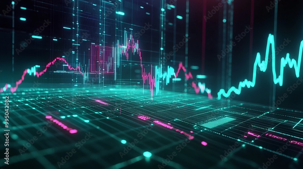 Poster futuristic data visualization with vibrant graphs and charts in a digital space.