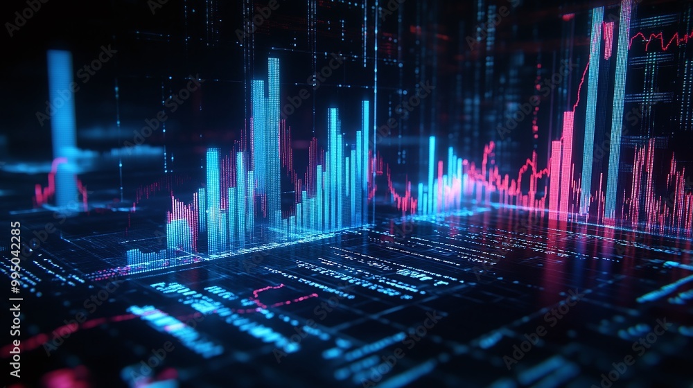 Poster futuristic data visualization with vibrant graphs and charts showing trends and analytics on a digit