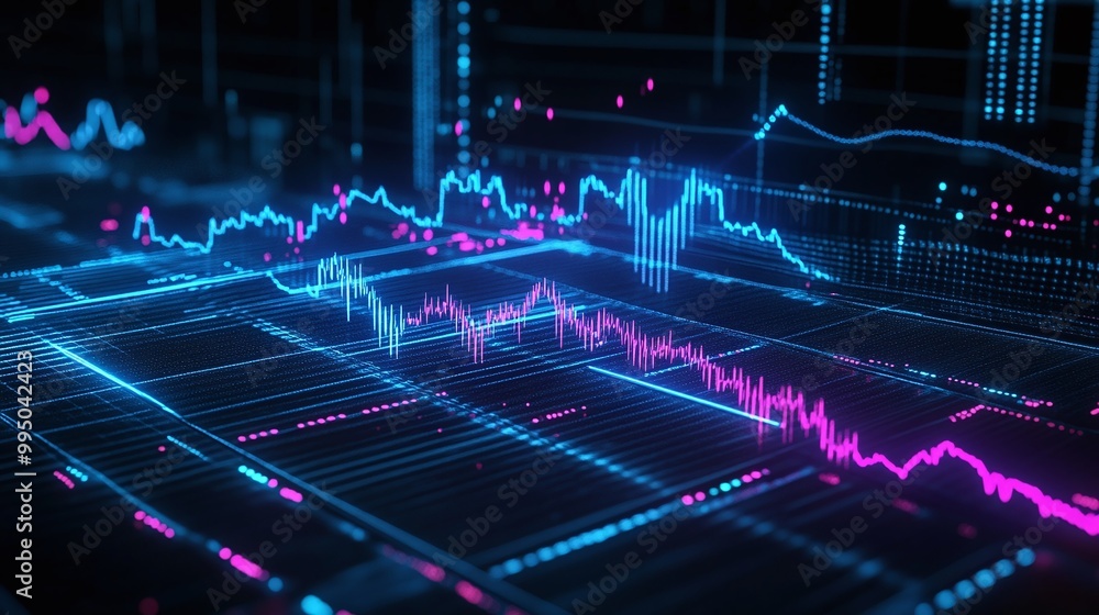 Poster futuristic data visualization with vibrant graphs representing market trends and analytics.