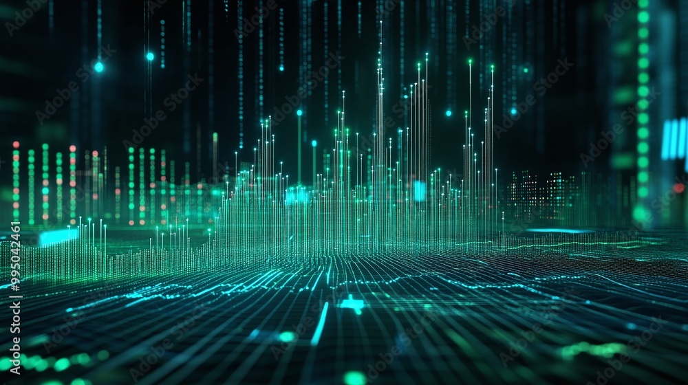 Poster futuristic data visualization with vibrant green lines and patterns, showcasing digital advancements
