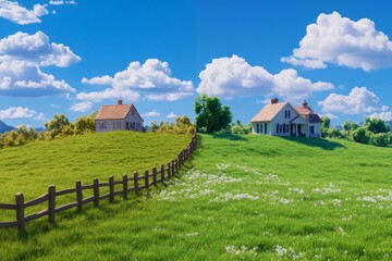 Serene Split Landscape Featuring Two Charming Homes on Rolling Green Hills with a White Fence, Set Against a Vibrant Blue Sky Adorned with Fluffy Clouds, Ideal for Real Estate and Nature Themes