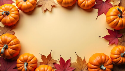 Pumpkins and Fall Leaves Border on a Yellow Background