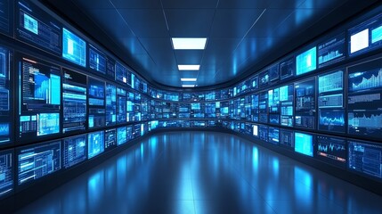 Fototapeta premium High-tech data center with multiple interactive screens showcasing analytics.