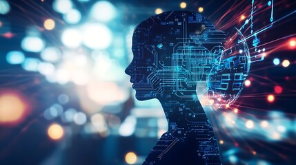 Fototapeta premium A conceptual stock photo featuring a human silhouette merged with circuit board patterns and technology symbols, emphasizing the symbiotic relationship between humans and AI.