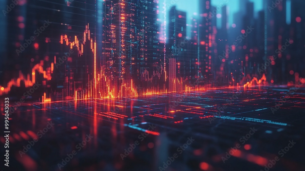 Poster futuristic digital cityscape with glowing graphs and data visualizations in vibrant colors.