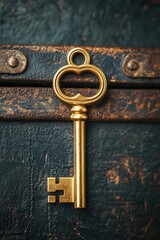 A vintage gold key resting on a textured surface, symbolizing mystery, unlocking potential, and access to hidden treasures.